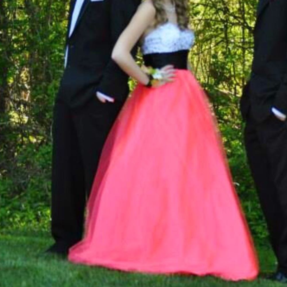 Pink and white strapless prom dress